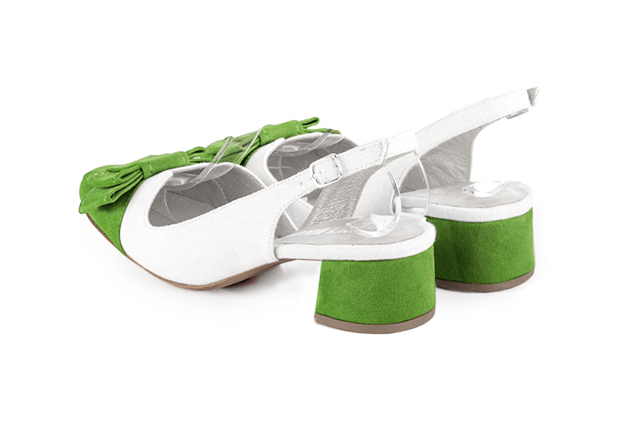 Grass green and pure white women's open back shoes, with a knot. Round toe. Low flare heels. Rear view - Florence KOOIJMAN